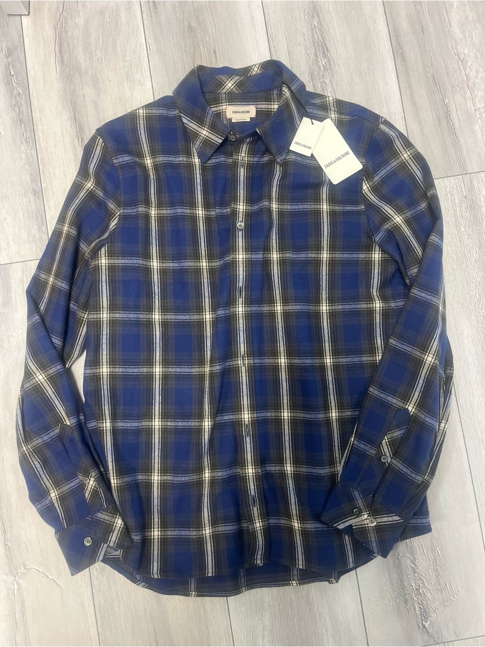 Zadig & Voltaire Men's Blue and White Plaid Button-Down Shirt